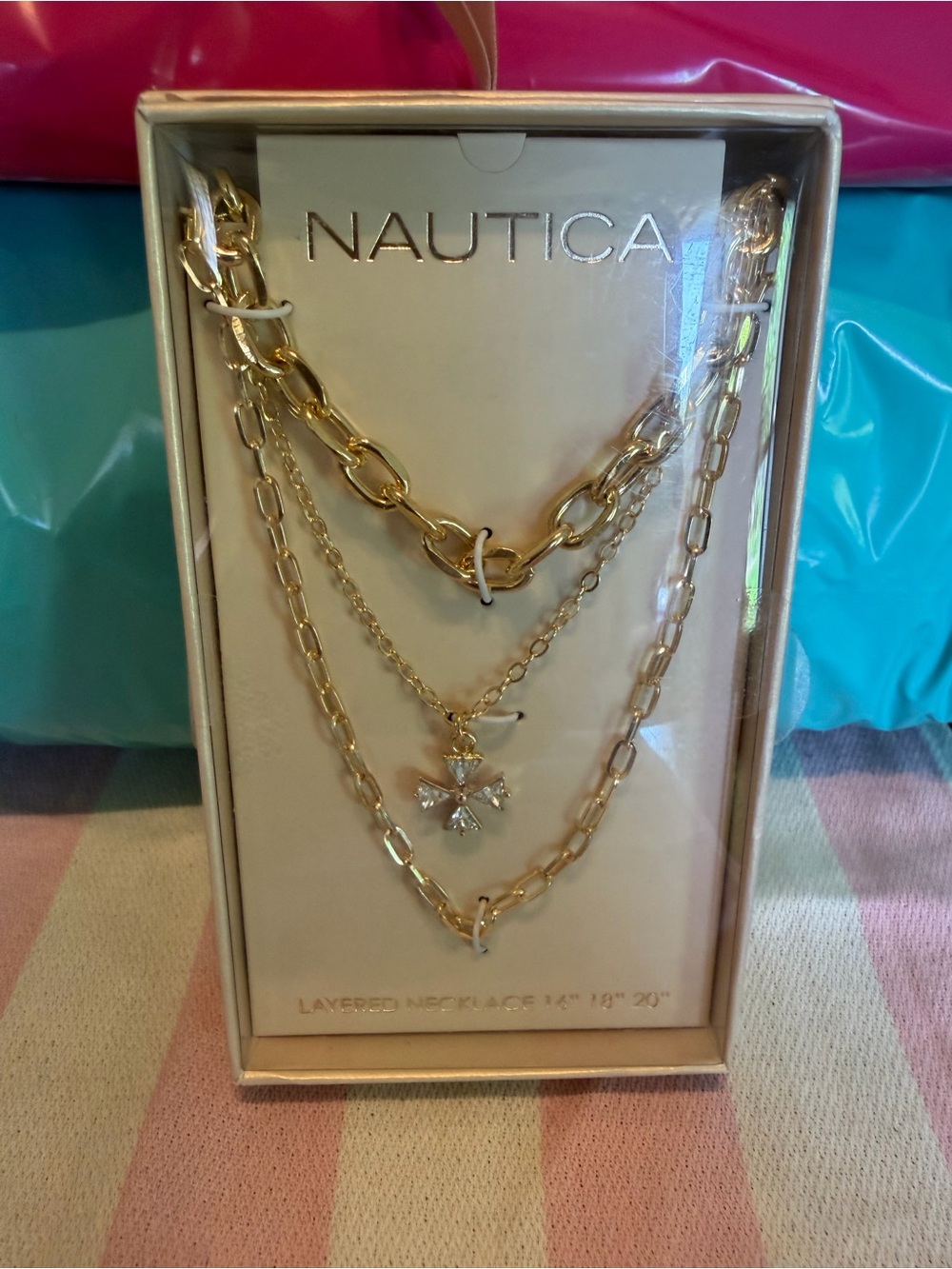 Nautica Gold-Tone Triple Layer Chain Necklace with Crystal Cross
